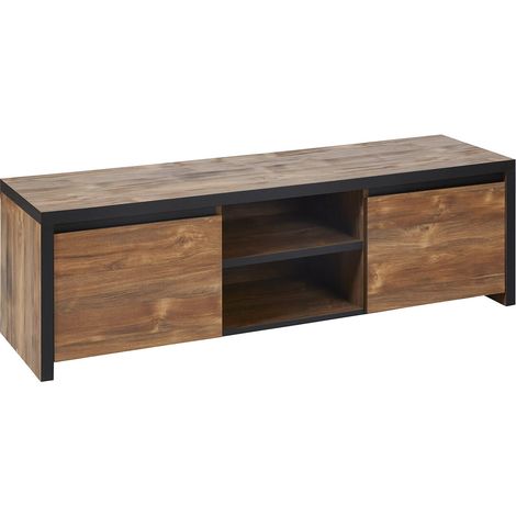 STALONE - Meuble TV 2 Portes 2 Niches Effet Bois Manguier Foncé et Noir (1/5)