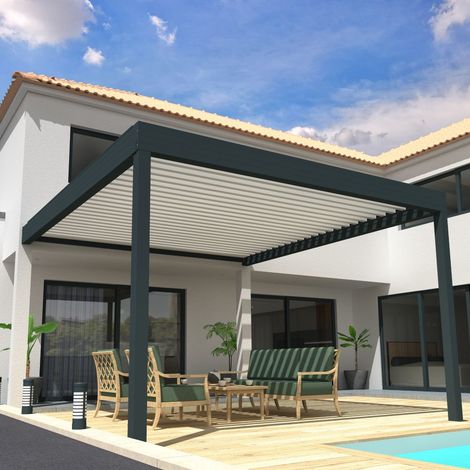 Pergola Bioclimatique COCOON XL Mixte Gris anthracite / Blanc 4,50x6,037m (Vérin à télécommande + Kit LED 3 cotés) (1/5)