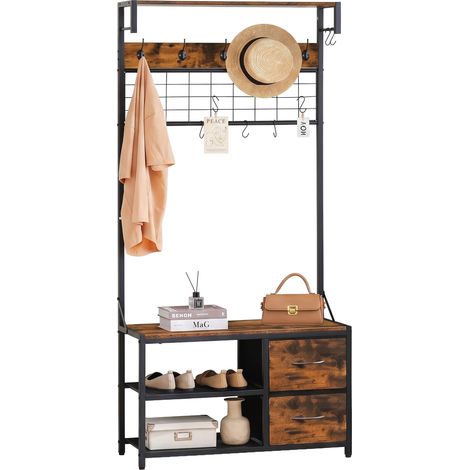 Relaxdays coat stand with bench, shoe rack & 2 drawers, metal & wood-effect, HxWxD: 176x80x30 cm, brown (1/5)