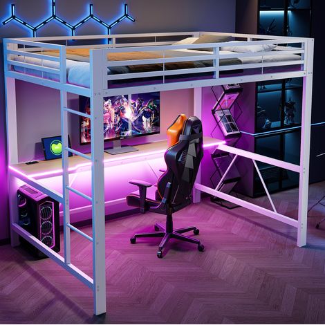 Cama alta 140x200 cm blanca de metal y MDF con escritorio e iluminación LED (1/5)