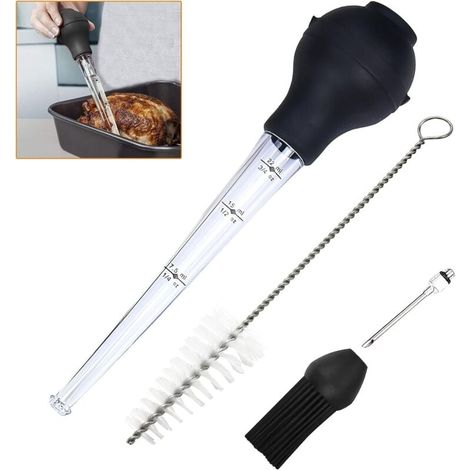 Viande de Seringue, Poire à Sauce Poulet Turquie Barbecueavec Brosse de Nettoyage, Pinceau de Silicon y Aiguille d'Injecteur, Pipette pour Barbecue, Bœuf, Bacon, Poulet, Porc, Dinde (Noir) (1/4)