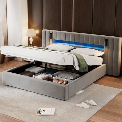 Lit capitonné avec port USB, lampe de chevet, rangement intégré, sans matelas, velours - 180 x 200 cm (1/5)