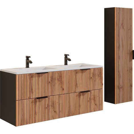 Meuble de salle de bain suspendu strié avec vasque à encastrer avec colonne - Naturel clair et noir - 120 cm - MADELA
