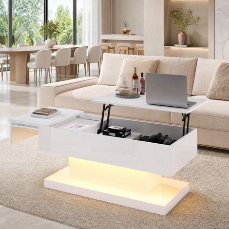 Mesa de centro elevable 100x50x45 cm de paneles de madera blanca con almacenaje FloraGrace (1/5)