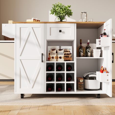 Mueble de cocina isla con encimera extensible, blanco, MDF y metal HAVRYA (1/5)