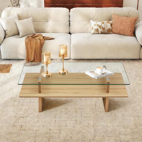 Table basse 2 niveaux 115 x 55 x 40 cm – Plateau verre trempé + étagère MDF bois naturel, structure métal – Pour salon ou bureau (1/5)