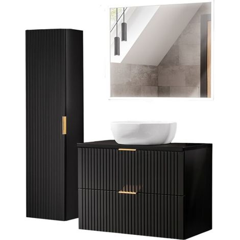 Mobile sottolavabo NOXERA 80 cm – Nero opaco – Lavabo + specchio LED + colonna sospesa
