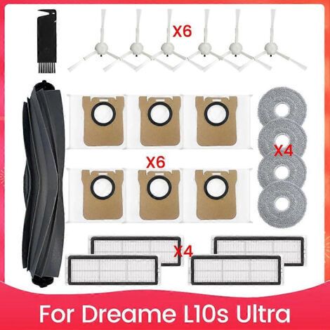 Pièces de rechange pour aspirateur robot Dreame L10s Ultra : kit d'accessoires comprenant : brosse principale, filtres HEPA, lingettes de nettoyage et sacs à poussière.