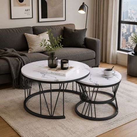 Tables basses gigognes rondes pour salon - Table d'appoint avec rangement - Plateau imitation marbre blanc - Structure en métal noir - Moderne/Scandinave (1/5)