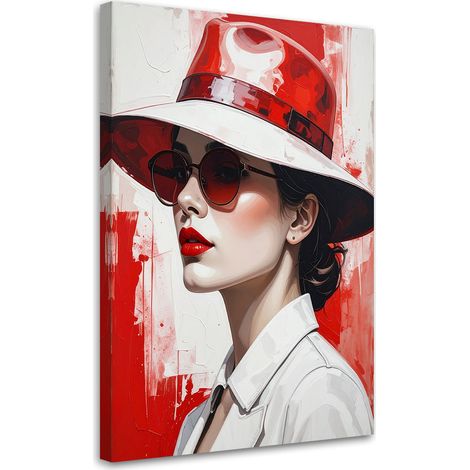 Tableau Moderne, Femme avec chapeau rouge et lunettes de soleil,60x90 (1/4)