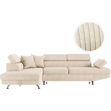 Loungitude – Canapé d'angle convertible 5 places en velours côtelé – Coffre de rangement intégré – Dimensions 271 x 192 x 85 cm – Beige (1/5)