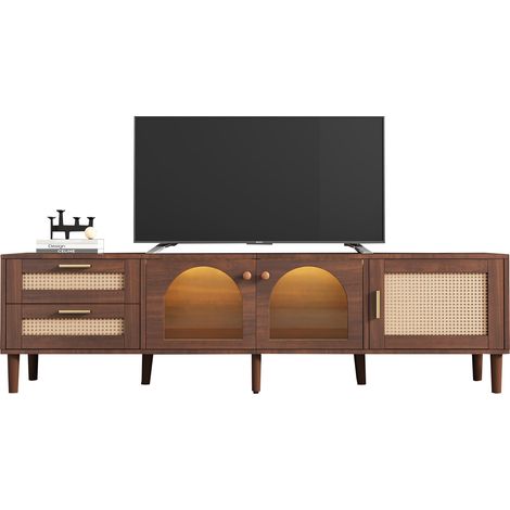 Meuble TV 180 cm pour téléviseur 80 pouces, 2 tiroirs en résine tressée, 3 portes vitrées, LED, 8 pieds réglables, rangement salon moderne - CHICFURN (1/5)