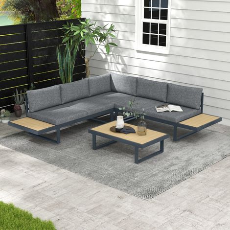 Ensemble de salon jardin d'angle design 5 places coussins table basse alu. gris anthracite et imitation bois