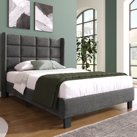 CHICFURN Cama individual 90x200 cm de tela gris con cabecero acolchado y somier de láminas (1/5)