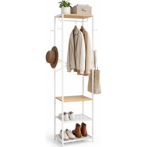 Perchero Relaxdays, 4 estantes, 8 ganchos, 181x40x28 cm, con barra, para recibidor, metal efecto madera, blanco natural (1/5)