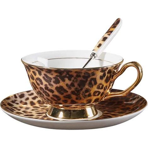 Tech Style européen Chine osseuse Set de tasses et soucoupes, pour le Thé et le Café, pour le Petit Déjeuner, la Maison et la Cuisine - Motif Léopard (Jaune) (1/4)