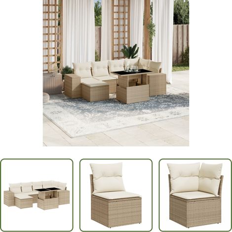 vidaXL Gartensessel - 7-tlg. Garten-Sofagarnitur mit Kissen Beige Poly Rattan (1/5)