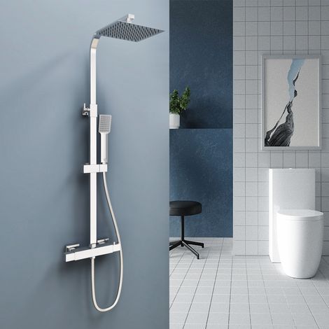 AICA Columna de Ducha termostática, Alcachofa de Baño, Cuadrada con manguera de acero inoxidable en cromo, Ducha Lluvia, Barra ajustable en 80-120cm (1/5)