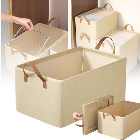 Boîte pliante pour vêtements, capacité 26 L, support cadre en acier + double poignées + grande ouverture (accès facile), pliable (gain de place), lavable, pour couvertures/serviettes, beige (1/5)