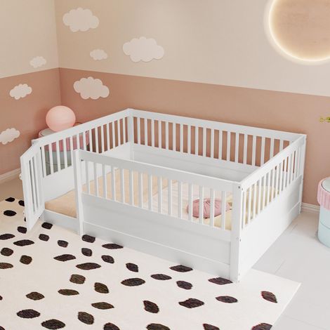 Lit enfant 140 x 200 cm, cadre de lit en bois avec barrière et porte, blanc, métal inoxydable anti-rouille