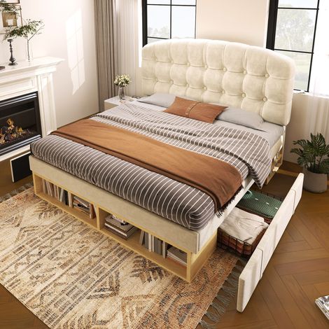 Letto singolo 90x200 in velluto beige con rete, testiera regolabile e cassetti REDOM (1/5)