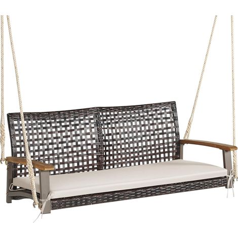 COSTWAY Banco Columpio de Exterior con 2 Asientos, Columpio de Ratán PE, Respaldo Curvado y Reposabrazos de Madera de Acacia, Carga 360 kg, Columpio Pórtico Veranda Patio Jardín (con cojin Blanco)