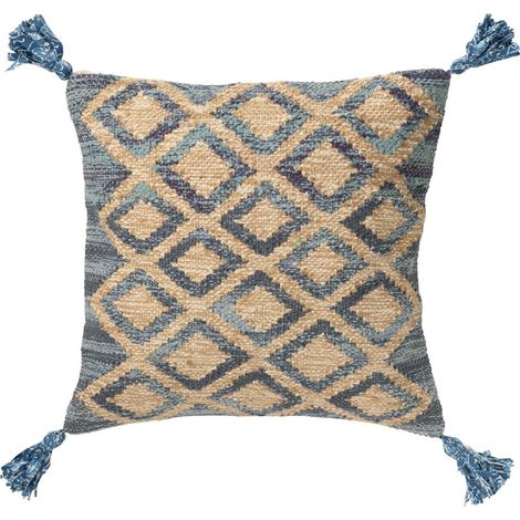 Coussin Déco en Jute "Losanges" 45x45cm Naturel & Bleu (1/5)