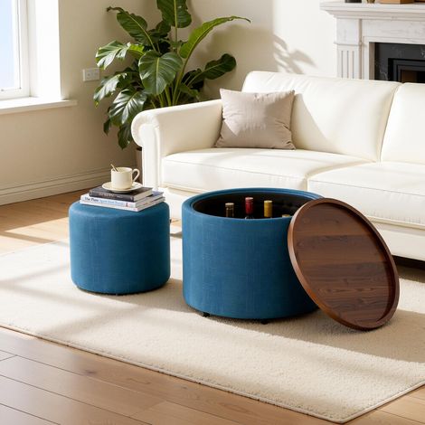 Ensemble de tabourets gigognes  (2 pièces) avec rangement, repose-pieds recouvert de lin et étagère en bois, table basse ronde de 58 cm et banc, bleu