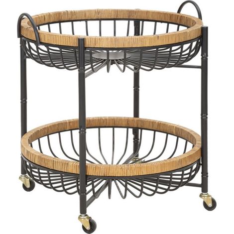Carrello Cebu a doppio cestino in ferro e rattan con ruote — 57x55,5x62,5 cm