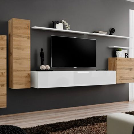 Meuble TV Mural Design "Switch I" 330cm Naturel & Blanc (1/4)