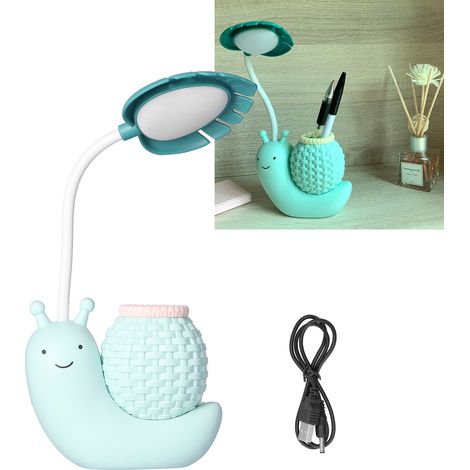 Lampe de bureau pliable LED avec porte-stylo et taille-crayon intégré. Lumière blanche froide, rechargeable par USB, bleue. (1/5)