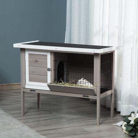 Kaninchenstall aus Holz mit Asphalt-Dach, Futtertrog, herausnehmbarer Schublade und 2 Türen, 91 x 46 x 71 cm, grau
