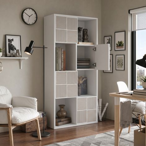 VASIEN – Bibliothèque étagère de rangement 8 compartiments,Bibliothèque basse avec 4 portes,60x30x125cm,Meuble de rangement Modulable, style moderne/scandinave,pour Salon Bureau,Blanc (1/5)