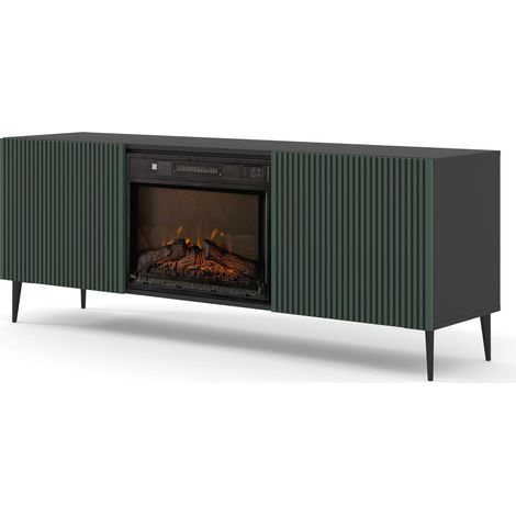 Meuble TV RAVENNA 2D 170 cm armoire avec cheminée noir/vert (1/5)