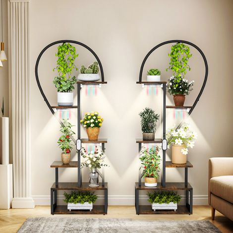 UNHO Étagère à Plante avec Lumière de Croissance - Support de Fleurs Multifonction à 6 Niveaux - Porte Plante Forme de Cœur pour Balcon Salon Bureau Intérieur - 112 x 28 x 167cm