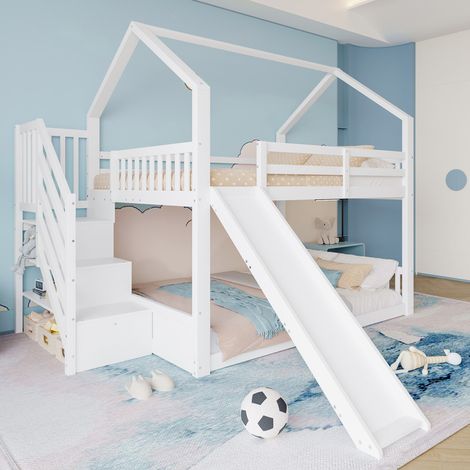 Lits superposés 140x200 cm avec escalier de rangement et toboggan Lit mezzanine,lit cabane enfant avec barrière Cadre de lit,blanc (1/5)