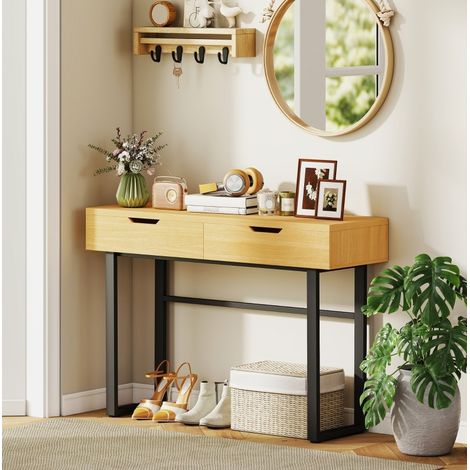 Table console en bois et métal décor bois naturel 110 x 35 x 76,5 cm avec 2 tiroirs (1/5)