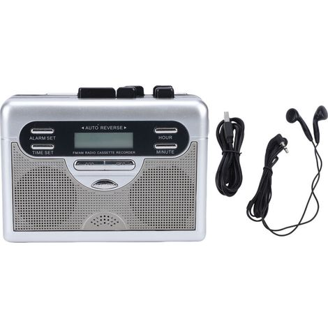 Retro AM/FM Radio Cassette Player with Digital Clock, Timer, Built-in Microphone, Speaker, Battery or DC Powered (1/5)
