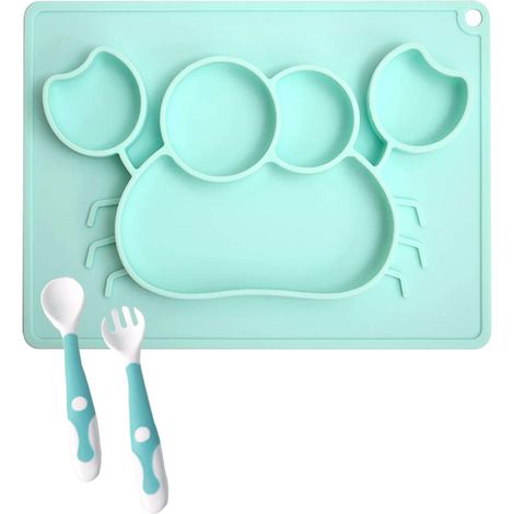 Tapis de table pour bébé avec cuillère et fourchette - tapis de table antidérapant en silicone avec ventouse pour les tout-petits, sans BPA (1/5)