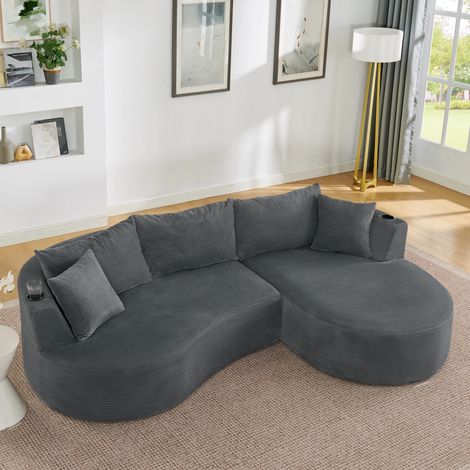 3-Sitzer Kompressionssofa,Rechte Chaiselongue+2-Sitzer, Bogenförmiges Design, weicher Kordstoff, mit Getränkehalter und Kissen, vakuumverpackt, für Wohnzimmer, Hotel, Apartment und Büro,Gray