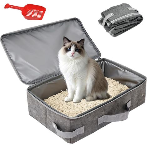 Travel Cat Litter Tray with Lid, Cat Litter Houses, Portable Cat Litter Tray 34 x 45 x 11 cm, Foldable Cat Litter Tray with Scoop for Travel and Home (1/5)