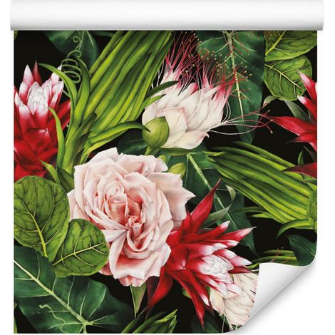 Carta da parati con rose e foglie per soggiorno e camera da letto 50x1000 cm (1/5)