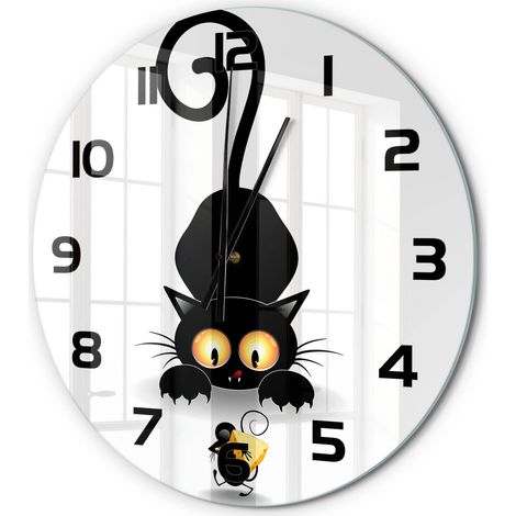 Horloge Murale Ronde Idée Cadeau Verre Trempé Silencieuse Design Moderne Chat et souris fi 60 cm (1/5)