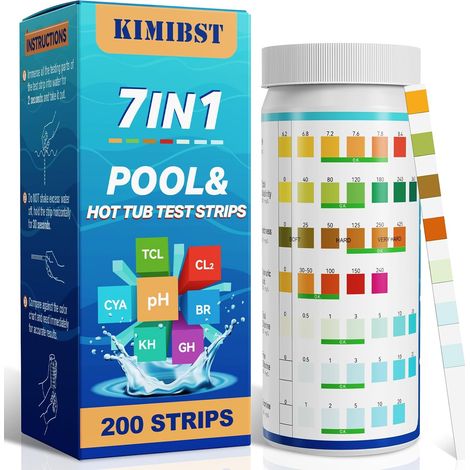 Bandelette Piscine: Testeur 7 en 1 pour spas 200CT pour mesurer le bromine, le pH, le chlore total, la dureté, l'acide cyanurique et plus encore (1/5)