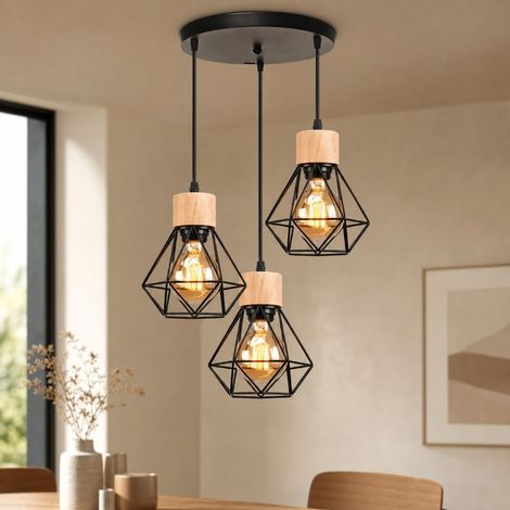 Suspension 3 têtes style industriel rétro, structure géométrique en métal noir et bois, pour salle à manger ou bar, sans ampoule (1/4)