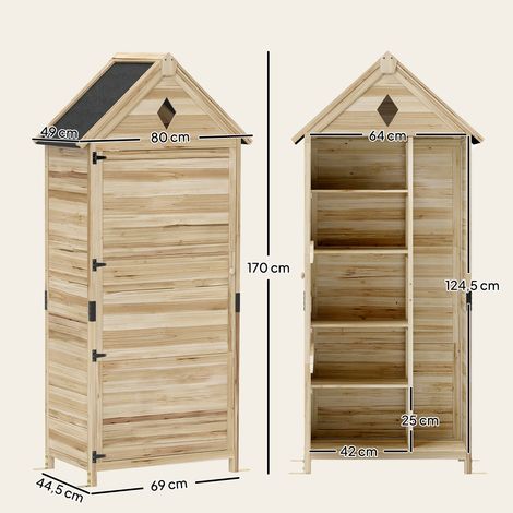 Abri de jardin avec 4 étagères, abri de rangement en bois, toit en asphalte étanche, 80 x 49 x 170 cm, marron clair (1/5)