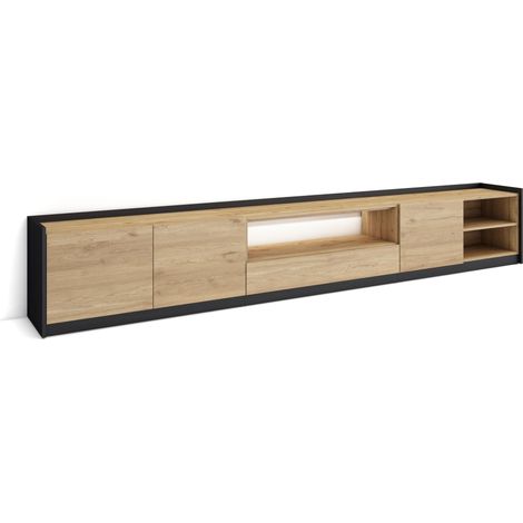 Skraut Home - Mueble TV, Televisión, Muebles de salón, almacenaje, 310x37x50cm, Para TV hasta 80", LED, Estilo Moderno, Roble y negro (1/5)