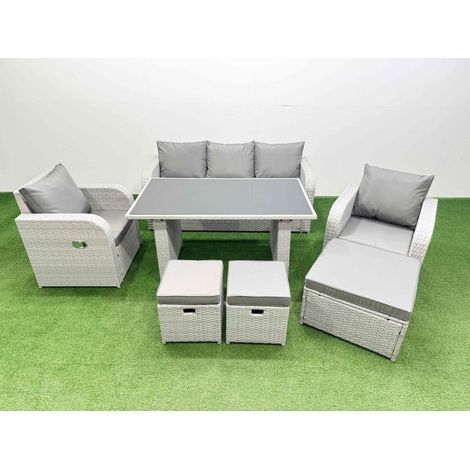 Fimous Outdoor Rattan Garden Furniture Dining Set 8-seater Patio Rectangular Table 3 Seater Sofa Reclining Chair Set with 3 Stools (1/4)