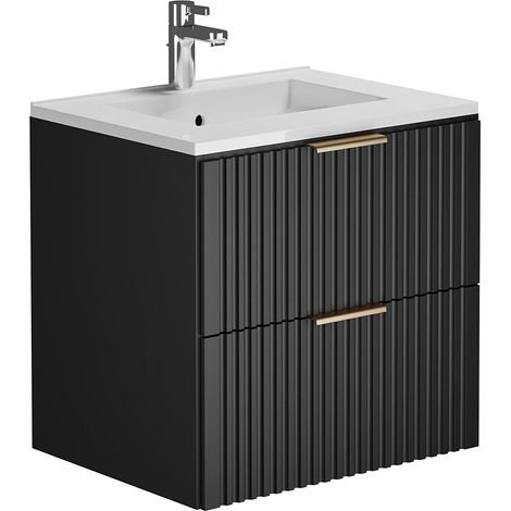 Vente-Unique – Meuble de salle de bain suspendu strié avec vasque à encastrer – Noir – 60 cm – Rangement optimisé – Facade striée élégante (1/4)
