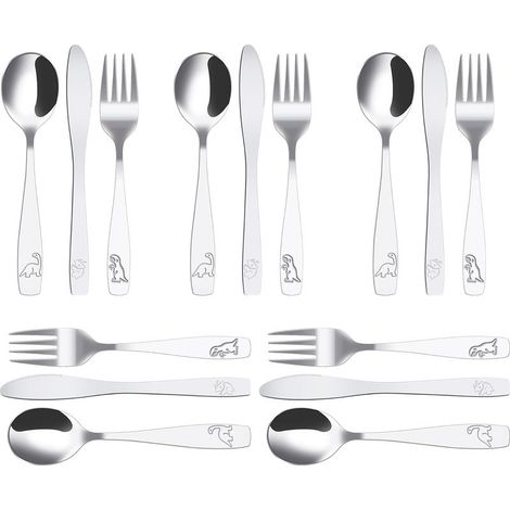 15Pcs Couverts Enfant INOX 5 x Fourchette 5 x Cuillère 5 x Couteau Dentelé Sûr Couverts Enfant INOX Jungle Dinosaure Gravé Couvert Bebe INOX pour Enfant Maison Restaurant École Garderie (1/5)